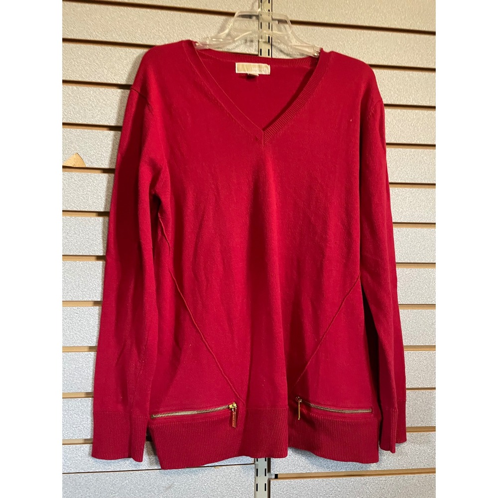 Michael Kors‎ Red V-Neck Long Sleeve Zipper Detail Sweater L